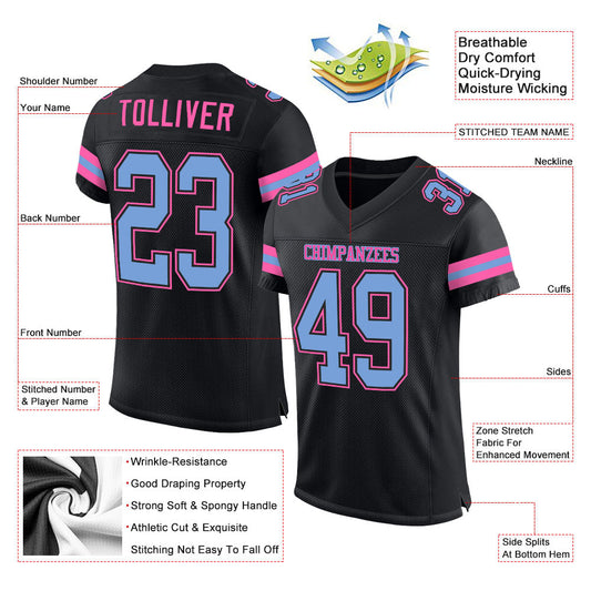 Custom Black Light Blue-Pink Mesh Authentic Football Jersey - Sky-Custom