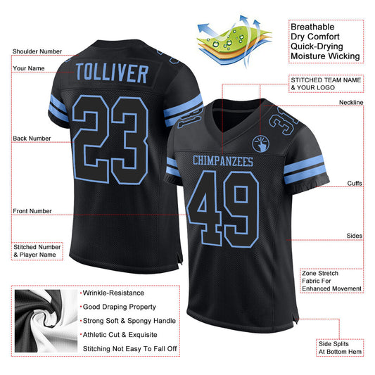 Custom Black Black-Light Blue Mesh Authentic Football Jersey - Sky-Custom