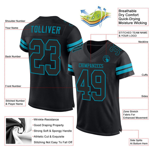 Custom Black Black-Teal Mesh Authentic Football Jersey - Sky-Custom
