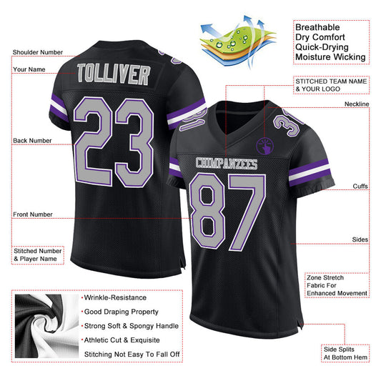 Custom Black Gray-Purple Mesh Authentic Football Jersey - Sky-Custom