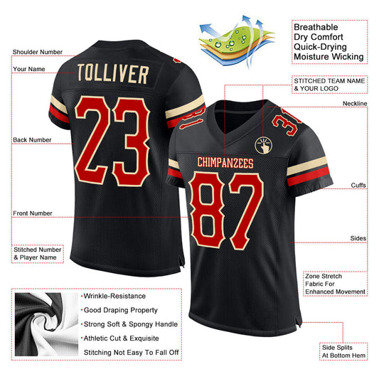 Custom Black Red-Cream Mesh Authentic Football Jersey - Sky-Custom