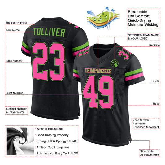 Custom Black Pink-Neon Green Mesh Authentic Football Jersey - Sky-Custom