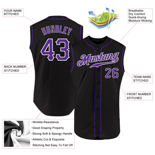 Custom Black Purple-White Authentic Sleeveless Baseball Jersey - Sky-Custom