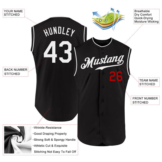 Custom Black White-Red Authentic Sleeveless Baseball Jersey - Sky-Custom