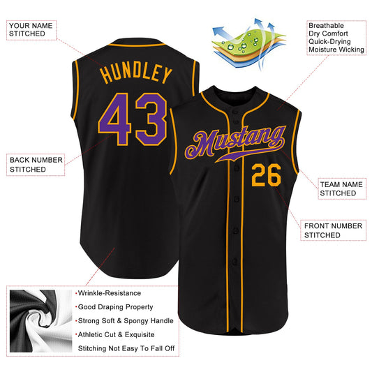 Custom Black Purple-Gold Authentic Sleeveless Baseball Jersey - Sky-Custom