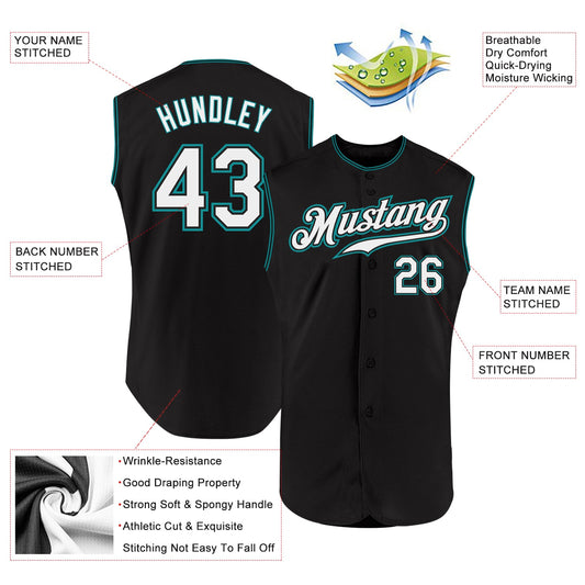 Custom Black White-Teal Authentic Sleeveless Baseball Jersey - Sky-Custom