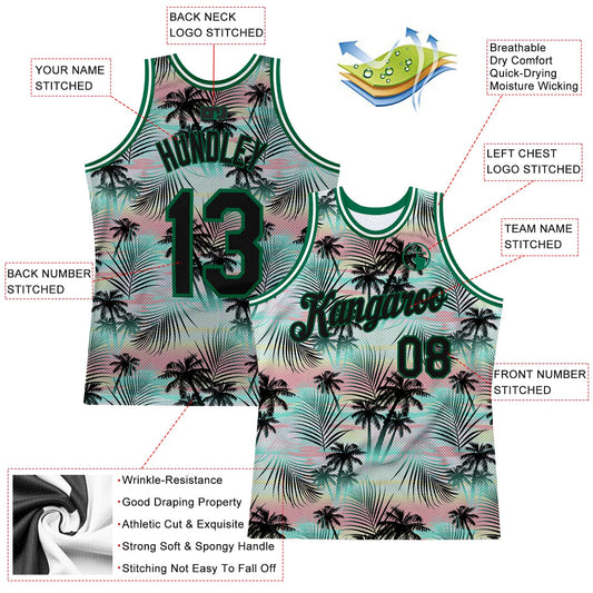 Custom Black Black-Kelly Green 3D Pattern Tropical Hawaii Palm Leaves Authentic Basketball Jersey - Sky-Custom