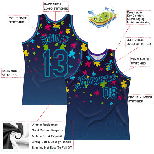 Custom Black Navy-Teal 3D Pattern Design Autism Awareness Puzzle Pieces Authentic Basketball Jersey - Sky-Custom