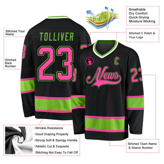 Custom Black Pink-Neon Green Hockey Jersey - Sky-Custom