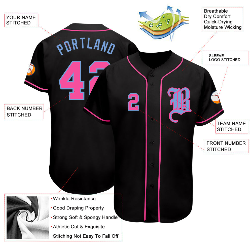 Custom Black Pink-Light Blue Authentic Baseball Jersey - Sky-Custom