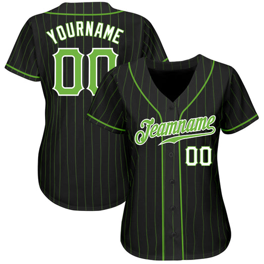 Custom Black Neon Green Pinstripe Neon Green-White Authentic Baseball Jersey - Sky-Custom