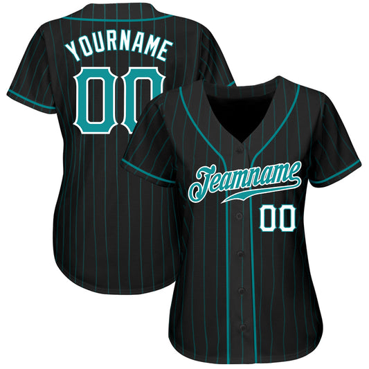 Custom Black Teal Pinstripe Teal-White Authentic Baseball Jersey - Sky-Custom