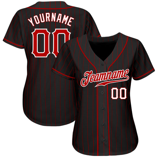 Custom Black Red Pinstripe Red-White Authentic Baseball Jersey - Sky-Custom