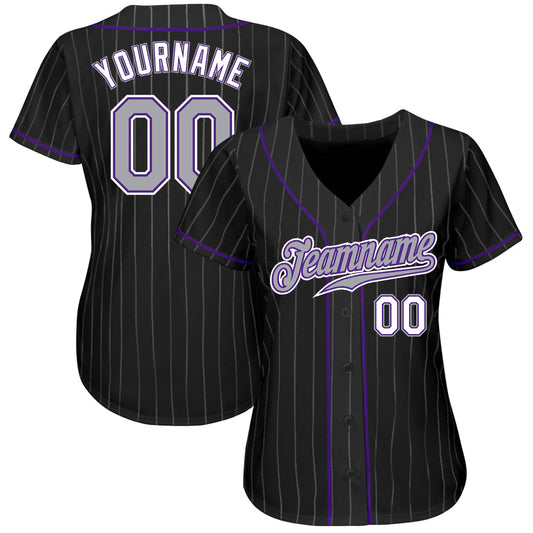 Custom Black Gray Pinstripe Gray-Purple Authentic Baseball Jersey - Sky-Custom