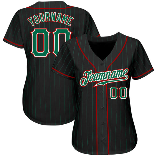 Custom Black Kelly Green Pinstripe Kelly Green-Red Authentic Baseball Jersey - Sky-Custom