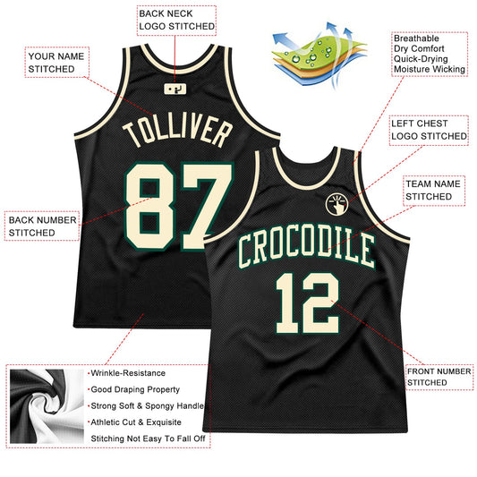 Custom Black Cream-Green Authentic Throwback Basketball Jersey - Sky-Custom
