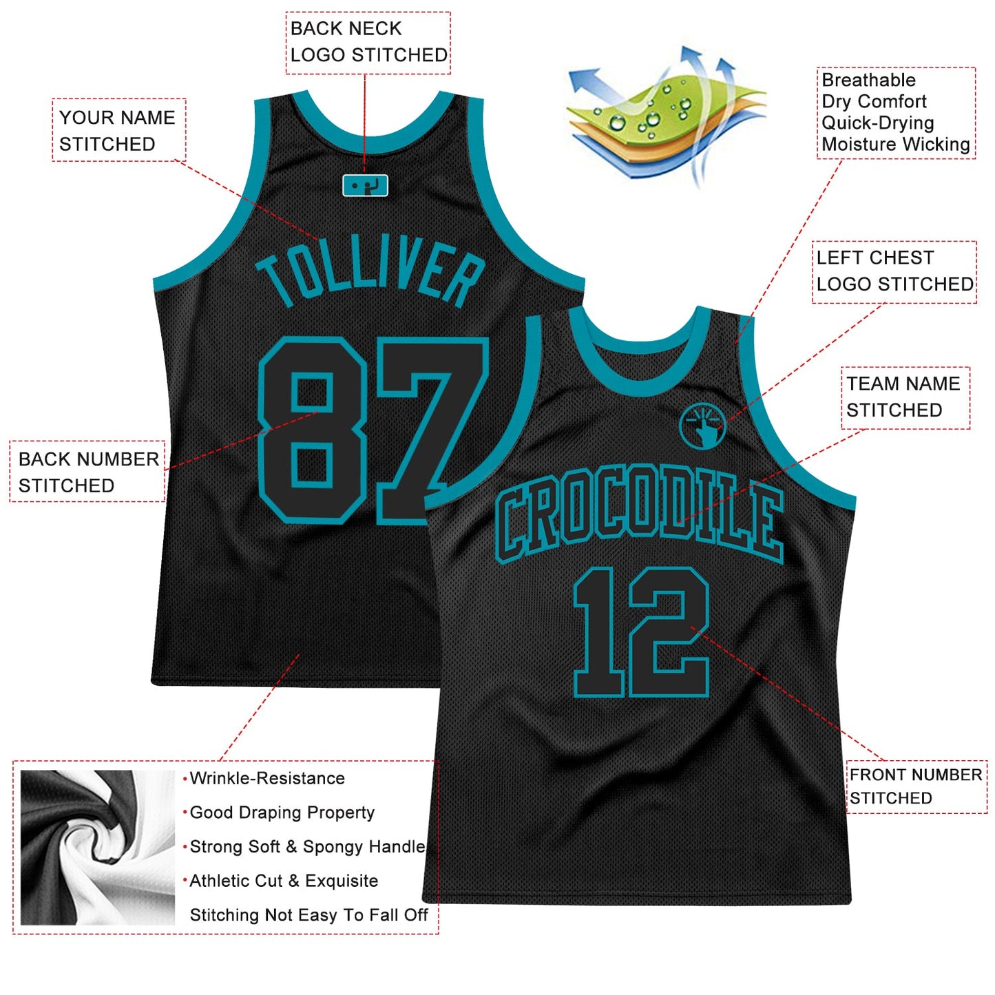 Custom Black Black-Teal Authentic Throwback Basketball Jersey - Sky-Custom