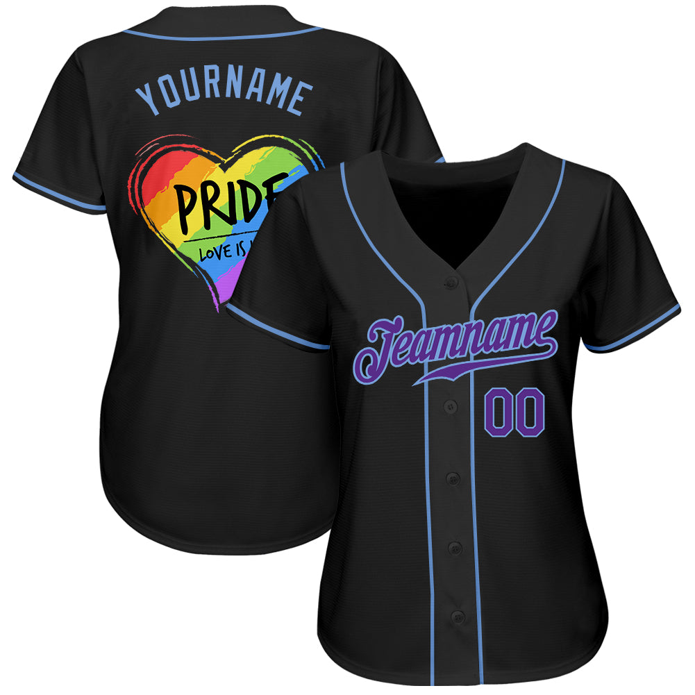 Custom Black Purple-Light Blue Rainbow Colored Heart For Pride Love Is Love LGBT Authentic Baseball Jersey - Sky-Custom