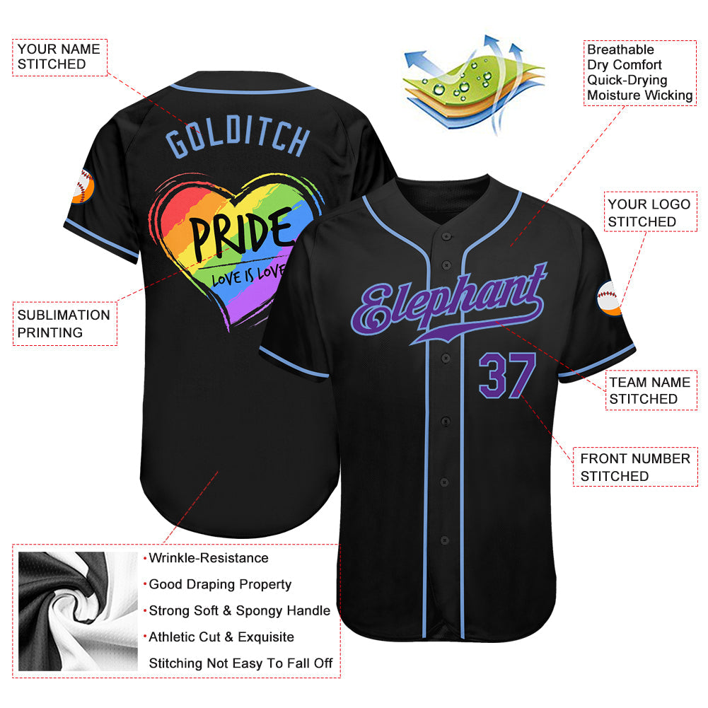 Custom Black Purple-Light Blue Rainbow Colored Heart For Pride Love Is Love LGBT Authentic Baseball Jersey - Sky-Custom