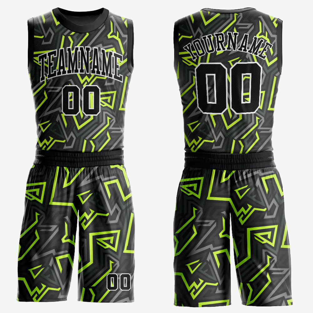 Custom Black Black-Neon Green Round Neck Sublimation Basketball Suit Jersey - Sky-Custom