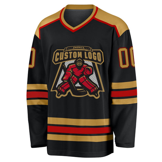 Custom Black Old Gold-Red Hockey Jersey - Sky-Custom