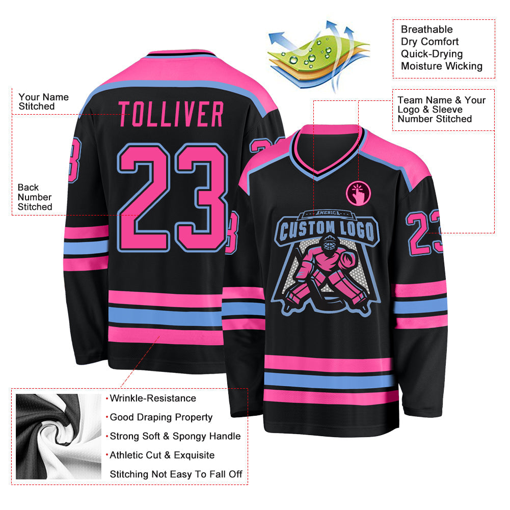 Custom Black Pink-Light Blue Hockey Jersey - Sky-Custom