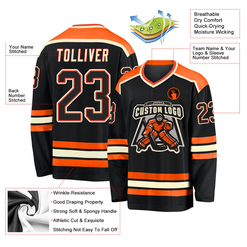 Custom Black Black Orange-Cream Hockey Jersey - Sky-Custom