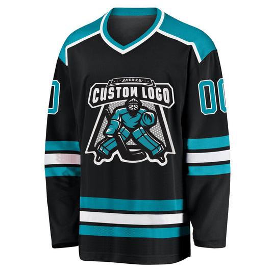 Custom Black Teal-White Hockey Jersey - Sky-Custom