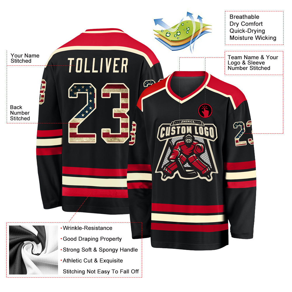 Custom Black Vintage USA Flag Cream-Red Hockey Jersey - Sky-Custom