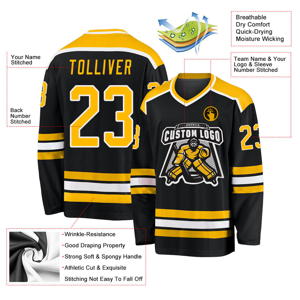 Custom Black Gold-White Hockey Jersey - Sky-Custom