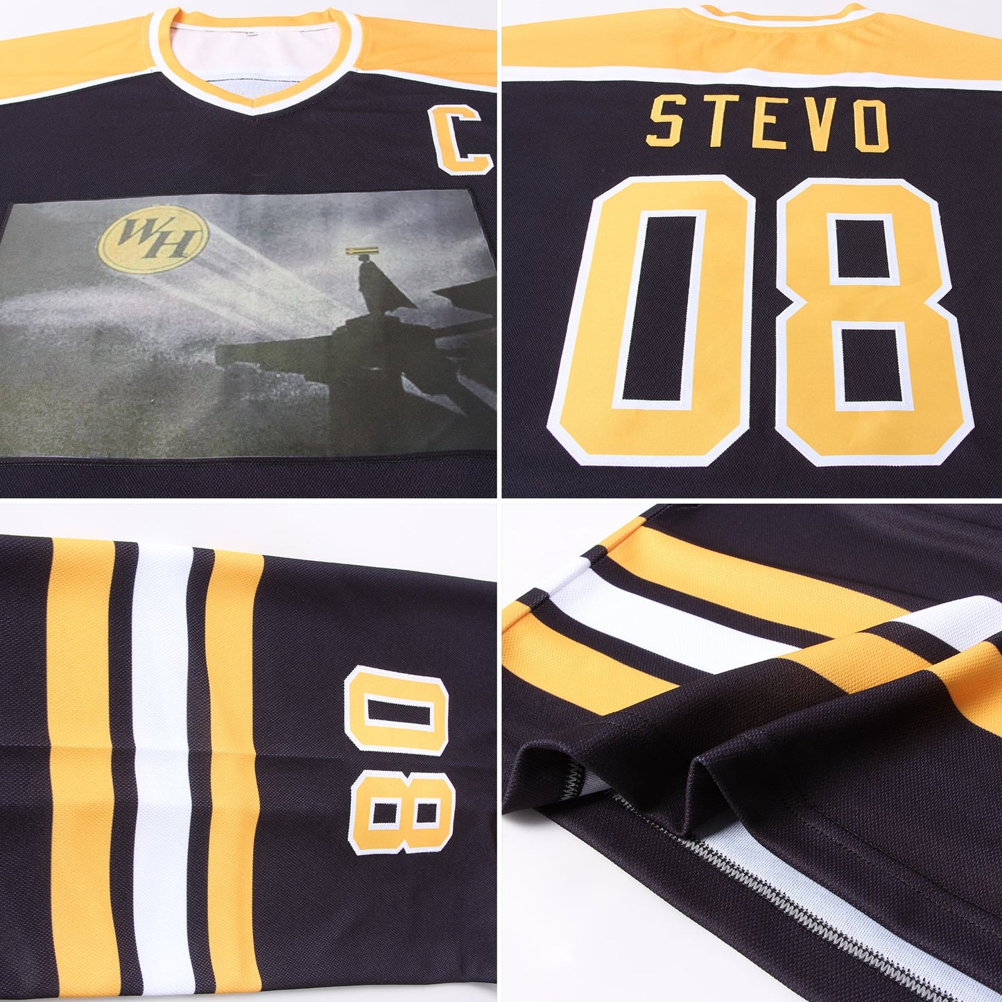 Custom Black Gold-White Hockey Jersey - Sky-Custom