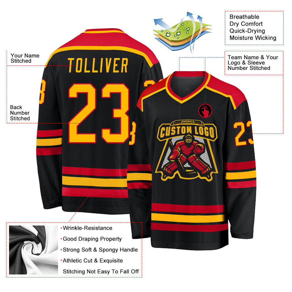 Custom Black Gold-Red Hockey Jersey - Sky-Custom