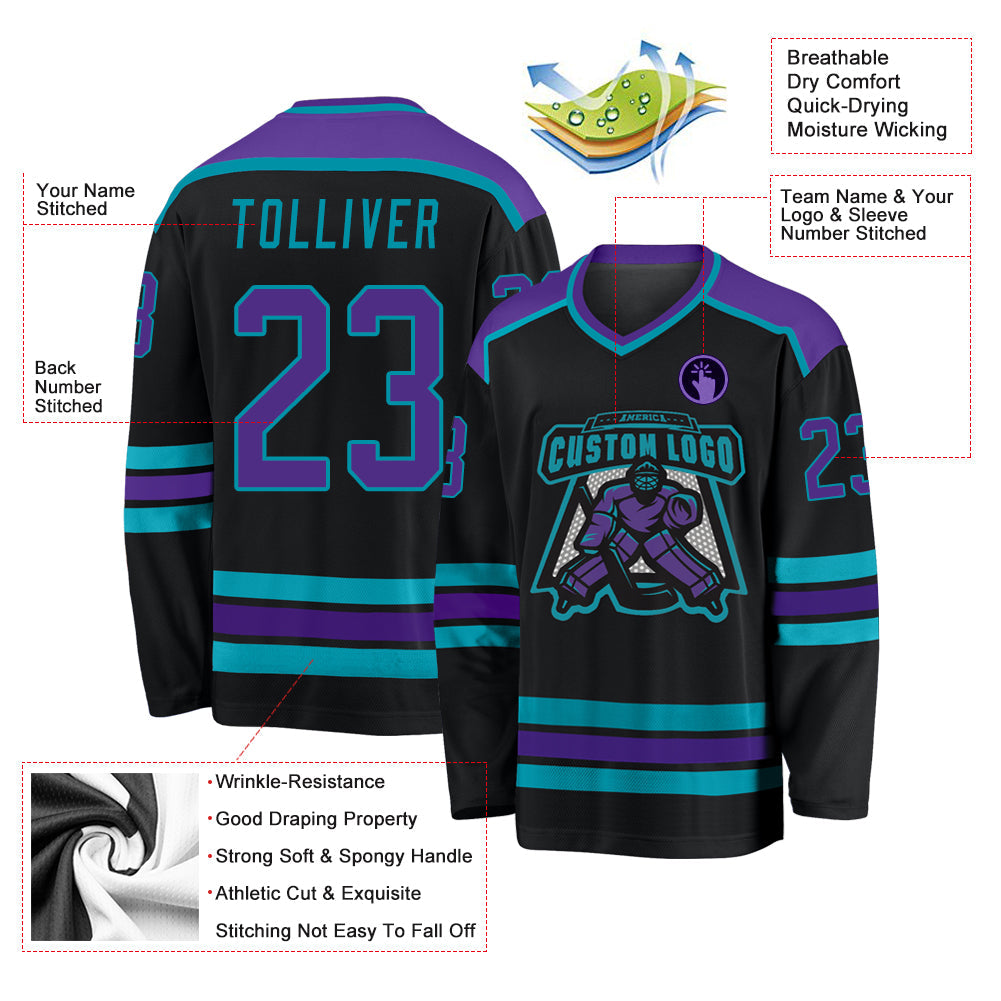 Custom Black Purple-Teal Hockey Jersey - Sky-Custom