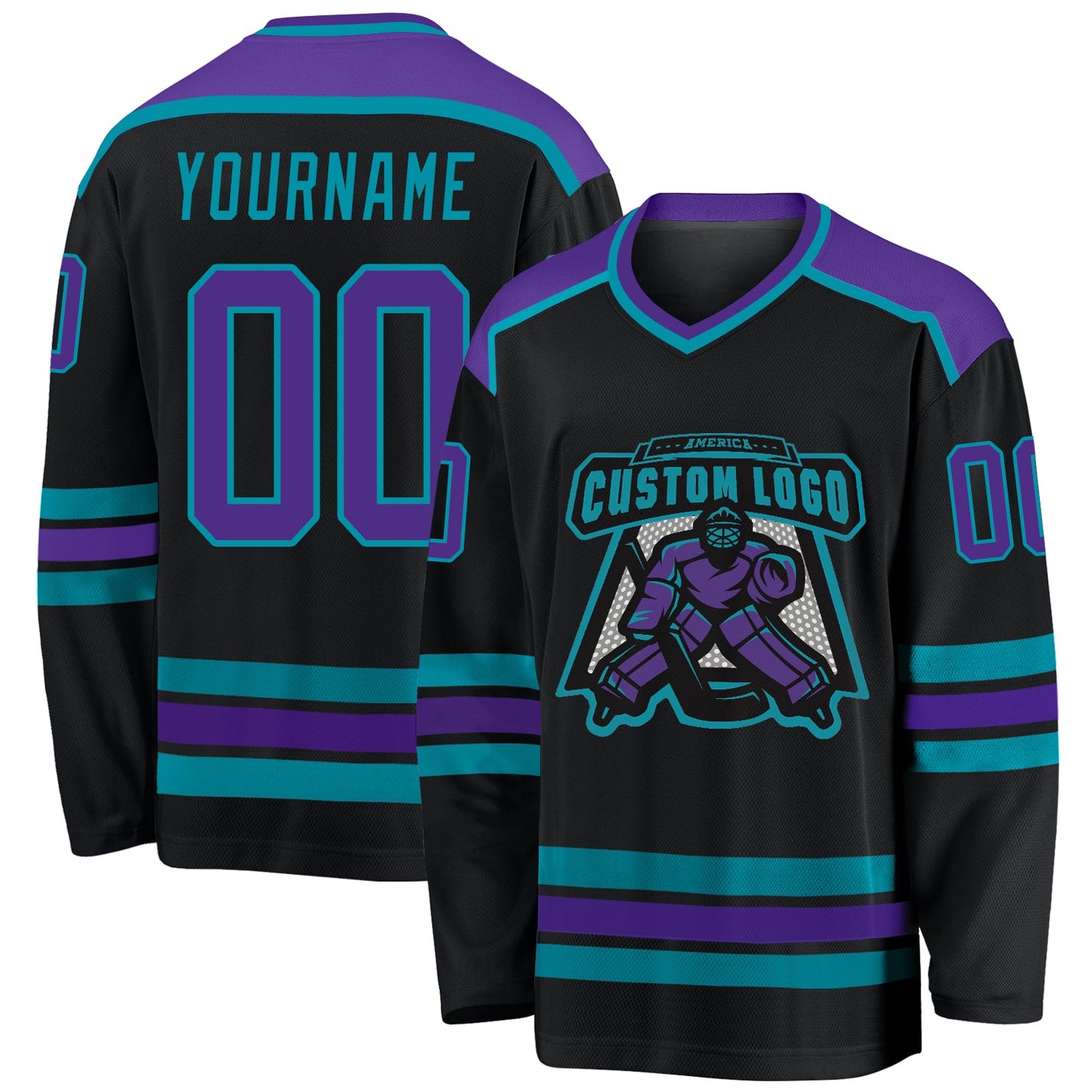Custom Black Purple-Teal Hockey Jersey - Sky-Custom