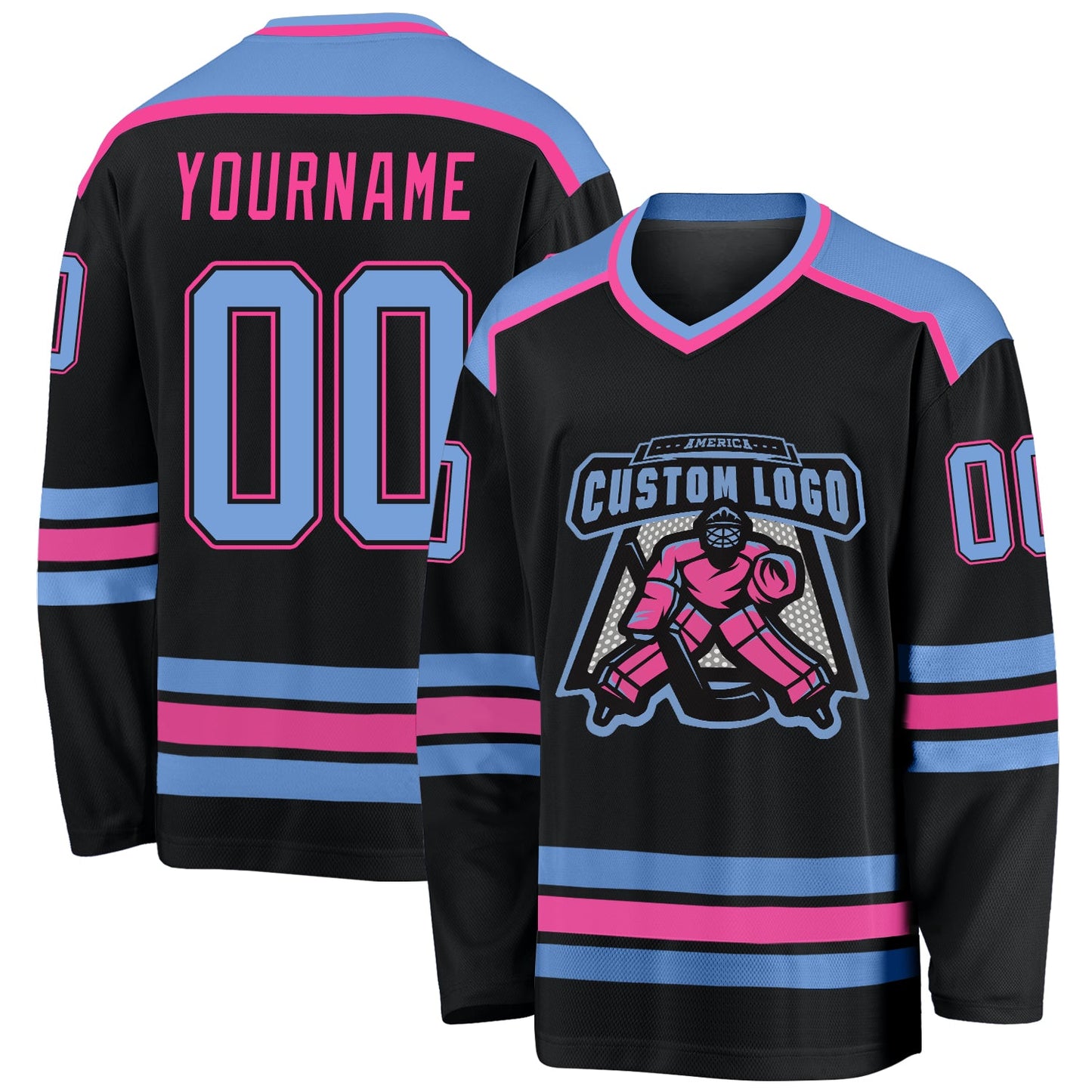 Custom Black Light Blue-Pink Hockey Jersey - Sky-Custom