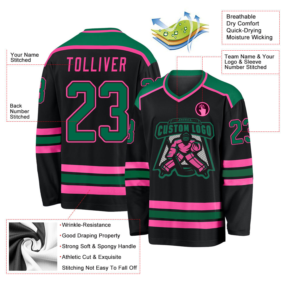 Custom Black Kelly Green-Pink Hockey Jersey - Sky-Custom