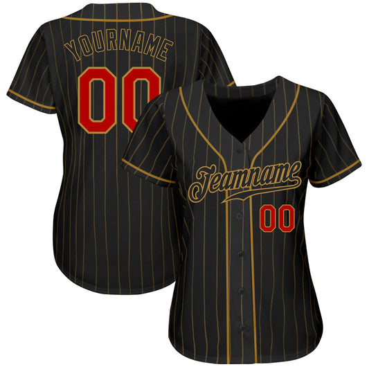 Custom Black Old Gold Pinstripe Red-Old Gold Authentic Baseball Jersey - Sky-Custom