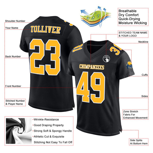 Custom Black Gold-White Mesh Authentic Football Jersey - Sky-Custom