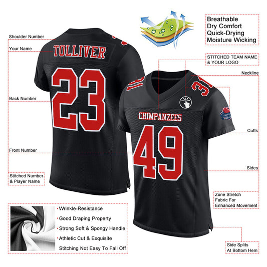 Custom Black Fire Red-White Mesh Authentic Football Jersey - Sky-Custom