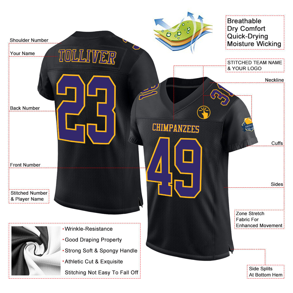 Custom Black Purple-Gold Mesh Authentic Football Jersey - Sky-Custom