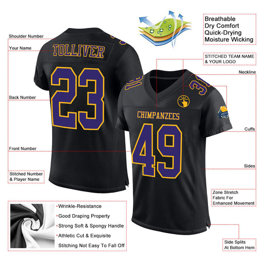 Custom Black Purple-Gold Mesh Authentic Football Jersey - Sky-Custom