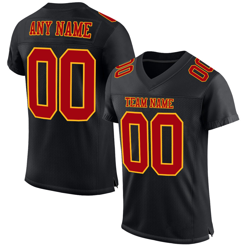Custom Black Red-Gold Mesh Authentic Football Jersey - Sky-Custom