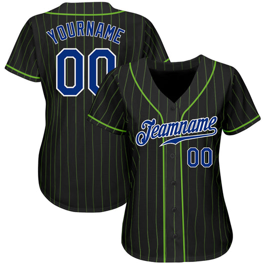 Custom Black Neon Green Pinstripe Royal-White Authentic Baseball Jersey - Sky-Custom