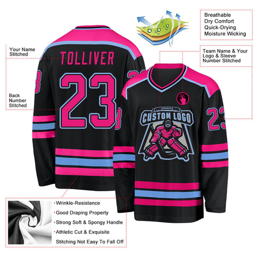 Custom Black Hot Pink-Light Blue Hockey Jersey - Sky-Custom