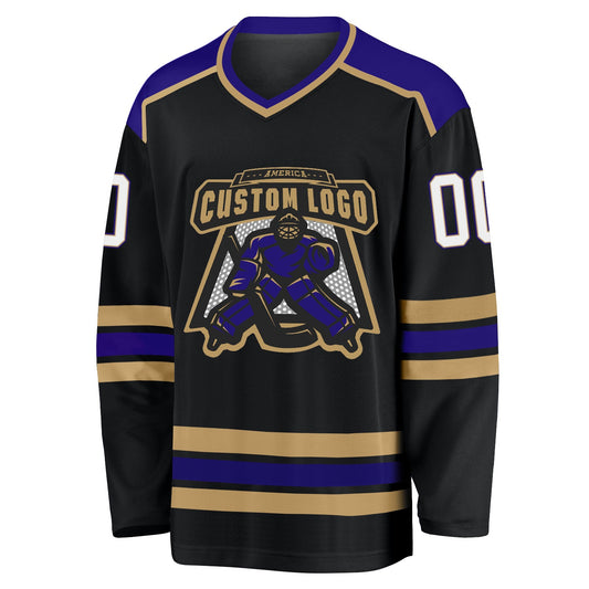 Custom Black White Old Gold-Dark Purple Hockey Jersey - Sky-Custom