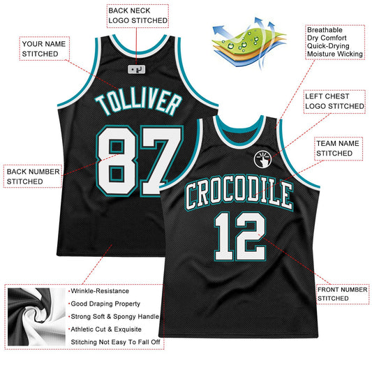 Custom Black White-Teal Authentic Throwback Basketball Jersey - Sky-Custom