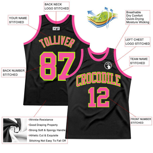 Custom Black Pink-Neon Green Authentic Throwback Basketball Jersey - Sky-Custom