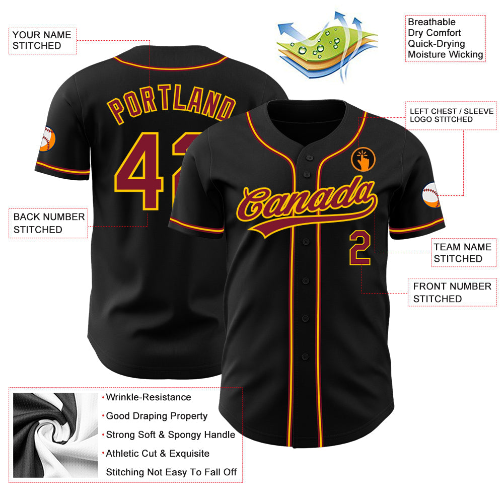Custom Black Crimson-Gold Authentic Baseball Jersey - Sky-Custom