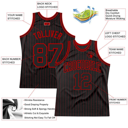 Custom Black Red Pinstripe Black-Red Authentic Basketball Jersey - Sky-Custom