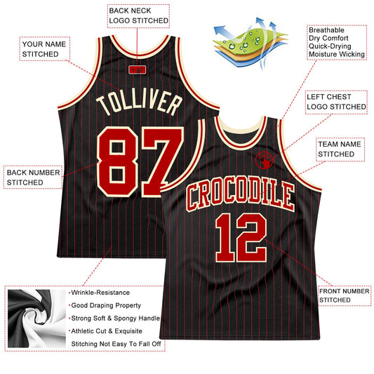 Custom Black Red Pinstripe Red-Cream Authentic Basketball Jersey - Sky-Custom